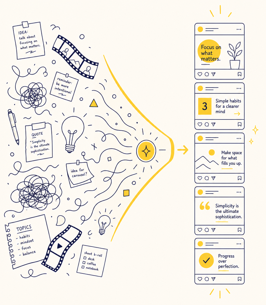 Scattered notes and footage transformed into clean, organised social content